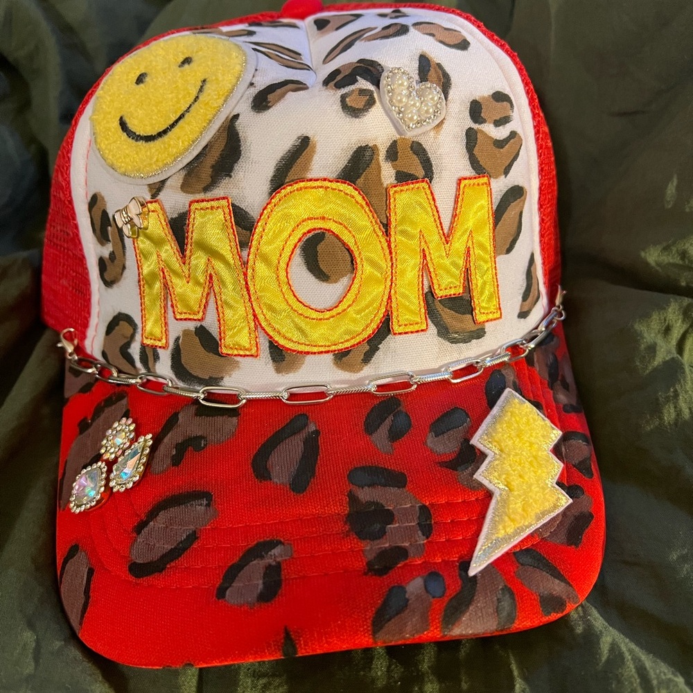 Vibrant Red and Yellow Hat with MOM Appliqué